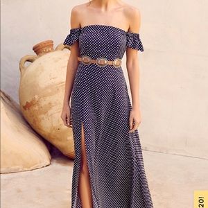 Lulus polka dot off shoulder maxi dress